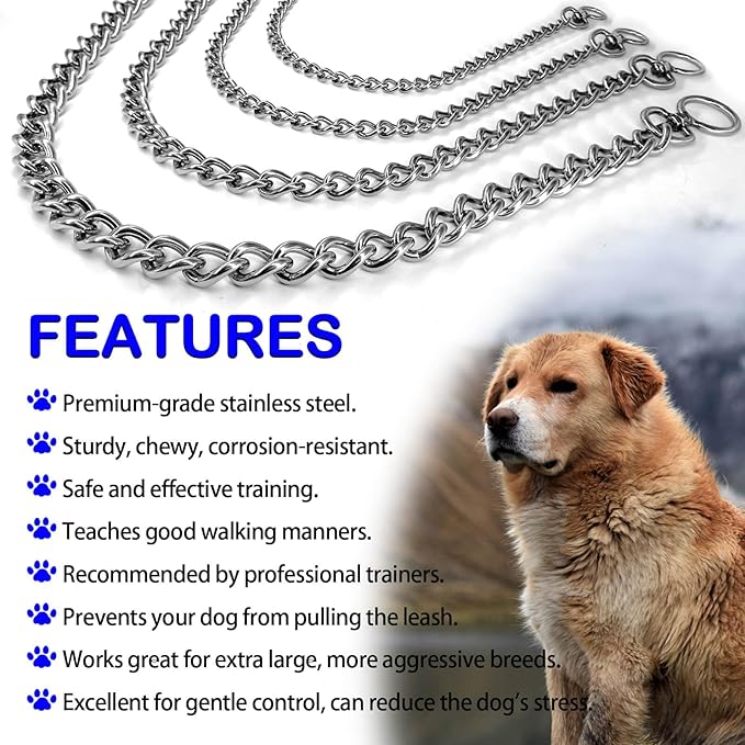 Dog Chain Collars 304 Stainless Steel Metal Chew Proof Dog Necklace Anti Winding Dog Leash Extension Lead for Small Medium Large Dogs Training and Walking. (Large：25in x 3.5mm(Neck max 22in))