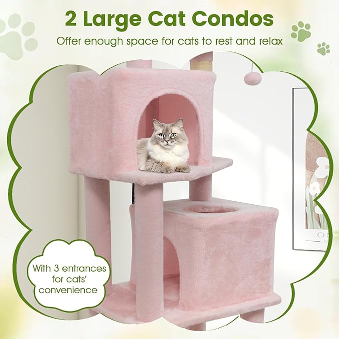 PETSITE 57-inch Modern Cat Tree, Multi-Level Cat Tower with 2 Comfy Condos, Sisal Scratching Posts, Plush Top Perch, Snug Hammock, and Dangling Balls, Ideal for Indoor Cats and Kittens (Pink)
