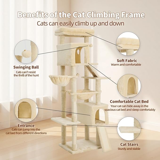 68.9-inch (175cm) Multi-Level Cat Tree with 2 Scratching Boards, 2 Plush Beds, Hammock & Toy Ball for Indoor Cats(Beige)