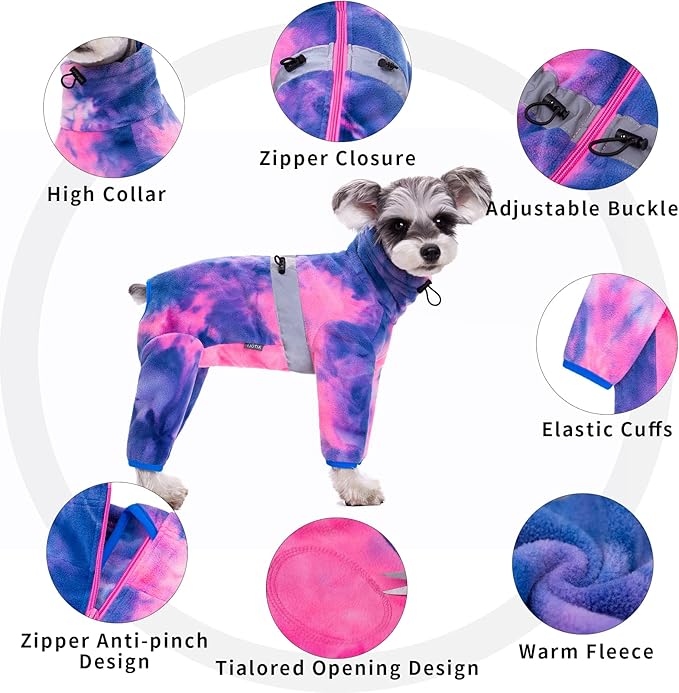 Dog Coats for Small Dogs, Polar Fleece Dog Pajamas Bodysuit, Puppy Onesies Tie Dye Jumpsuits, Dogs Warm Clothes Four-Legged, Doggie Fullbody Winter Jacket Vest