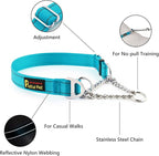 Plutus Pet Martingale Dog Collar with Stainless Steel Chain and Reflective Nylon, Adjustable No Pull Training Collar, for Small Medium, and Large Dogs, Cyan, M