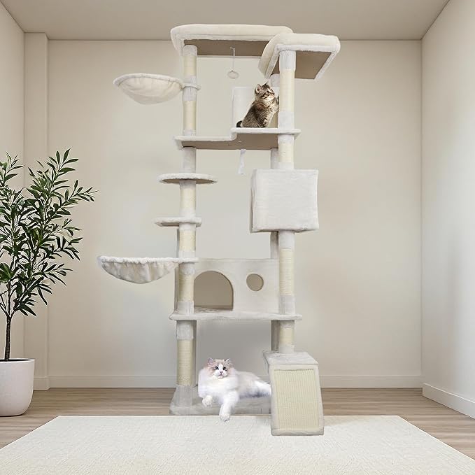 Beige 84in Heavy Duty Cat Tree, Cat Tree Tower for Indoor Cats Large Adult, Extra Cat Tower with 12 Sisal Scratching Post, Large Top Platform, Hammock, Cat Condo for Kittens