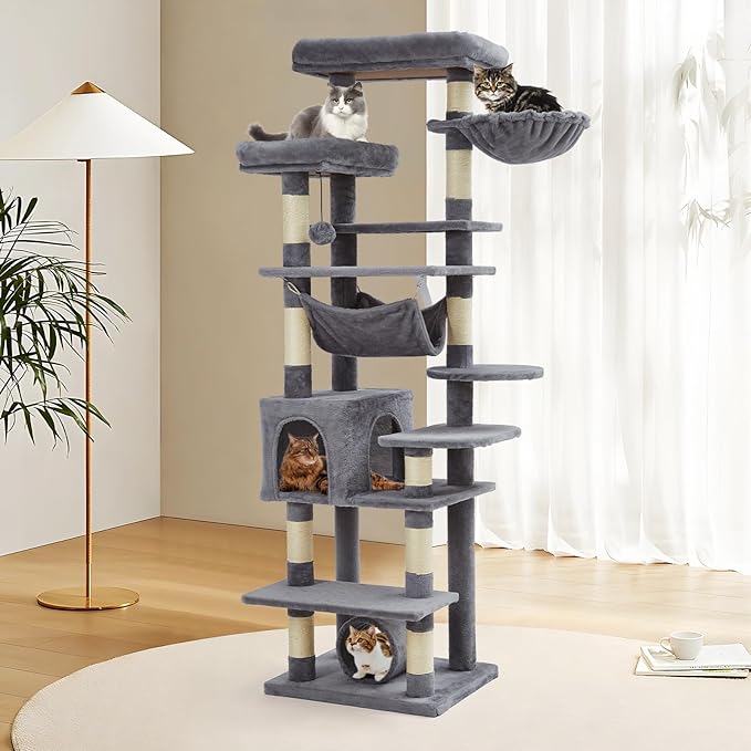 Cat Tree for Large Cats 67 Inches,Multi-Level Cat Tower with Scratching Posts, Condo, Perches, Hammock, Tunnel & Feeding Station,Dark Gray