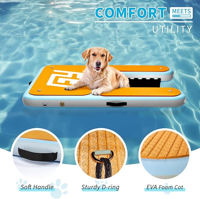 Inflatable Dog Water Ramp | 60×40" Dog Boat Ramp | Floating Ramp Ladder for Large Dogs Up to 230lbs | Non-Slip EVA Covered | Claw-Friendly & Stable | Dog Pool Dock for Lake, Pool, Boat, Dock