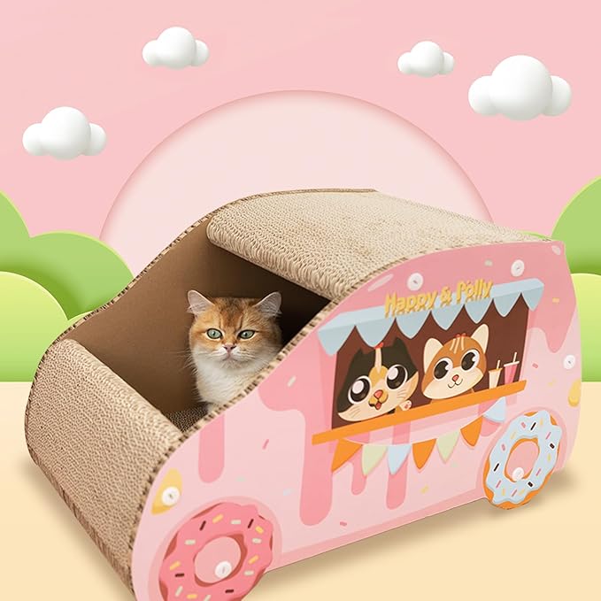 Happy & Polly Cat House Pink Car Cat Scratcher for Small and Medium Cats Sturdy Cardboard Cat Condo, Bed, Toys, Cat for Indoor 21.9" ×12.5" × 11.8"