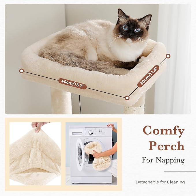 PEQULTI 60'' Cat Tree, Tall Cat Tower with 2 Large Condos, Wide Top Perch, Cozy Hammock and Sisal Scratching Posts for Indoor Cats Lare Adult Beige