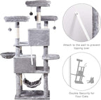 MQ Multi-Level Cat Tree, Activity Centre Cat Tower Furniture with Sisal-Covered Scratching Posts, 3 Padded Plush Perches, Dual Condo & Basket, Removable Hammock, for Large Cats, Grey