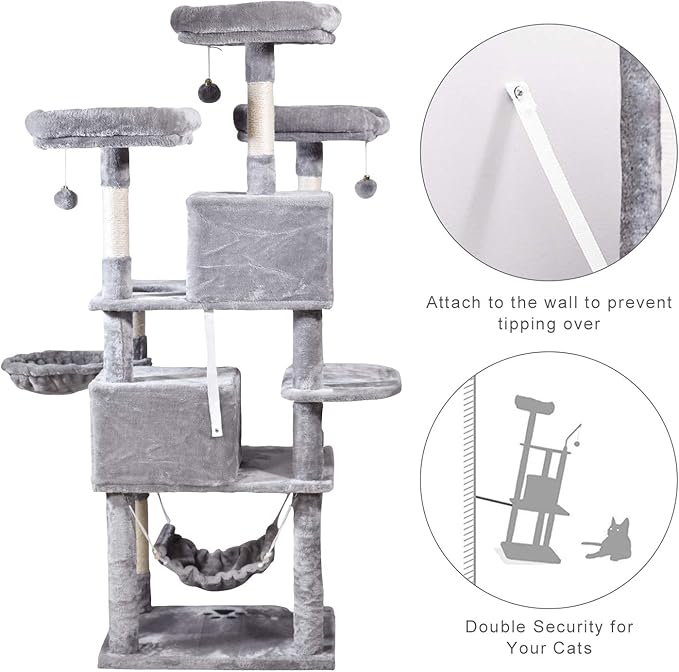MQ Multi-Level Cat Tree, Activity Centre Cat Tower Furniture with Sisal-Covered Scratching Posts, 3 Padded Plush Perches, Dual Condo & Basket, Removable Hammock, for Large Cats, Grey