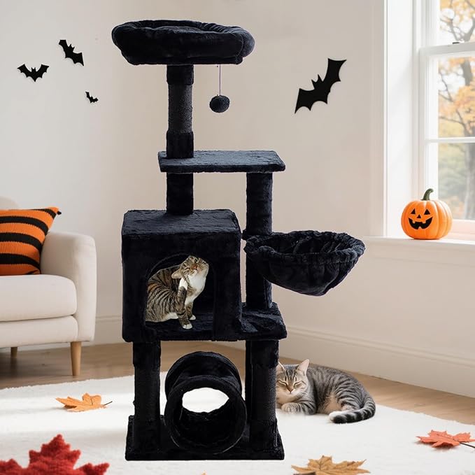 Cat Tree,Cat Tower for Indoor Cats,49-Inch Corner Cat Condo with Scratching Post,Tunnel,Basket,Plush Perch,Gothic Kitten Tree for Climbing,Exercise,Hidden,Black