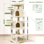 Globlazer Corner Cat Tree for Large Cats, 66inch Tall Curved Series Large Cat Tower for Multiple Indoor Cats with 6 Scratching Posts, 2 Spacious Cat Condos, Hammock, Hanging Basket, C66, Beige