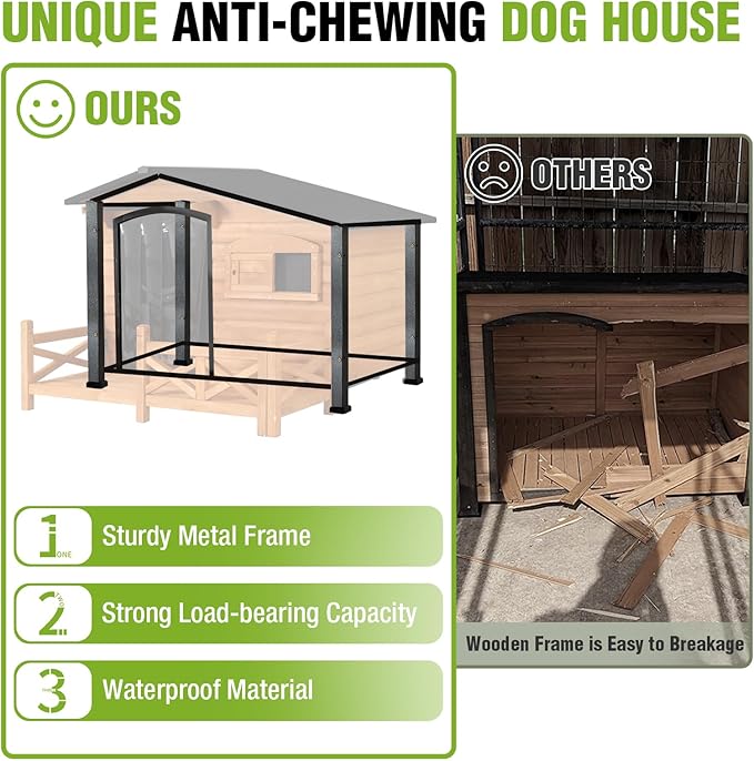 Heated Dog House Outdoor Insulated Weatherproof Dog Kennel with Anti-bite Iron Frame, Heating Pad and Insulated Liner, Dog Shelter with Porch and Sliding Window for Small to Large Breeds (Brown)