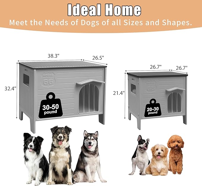 Waterproof Dog House for Outdoor Indoor,Durable Plastic Dog House with Warm Mat Side Window Elevated Floor, Easy to Assemble Easy to Clean(38.3“L× 26.5”W ×32.4" H)