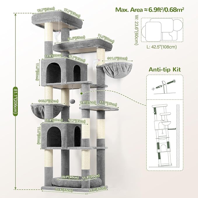 Globlazer Heavy Duty Cat Tree, 81 inch Extra Large Cat Tree for Indoor Cats Large Adult, Sturdy Cat Tower with 8 Scratching Post, 2 Cat Condos, 2 Platform, S81C, Light Grey
