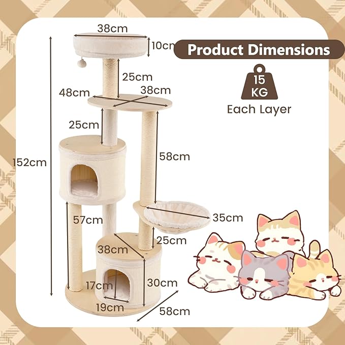 PETSITE 60-inch Wooden Cat Tree, Multi-Level Modern Cat Tower with Sisal Scratching Posts, Double Condos, Padded Cozy Top Perch, Multiple Jumping Platforms, and Hanging Ball, Ideal for Indoor Cats