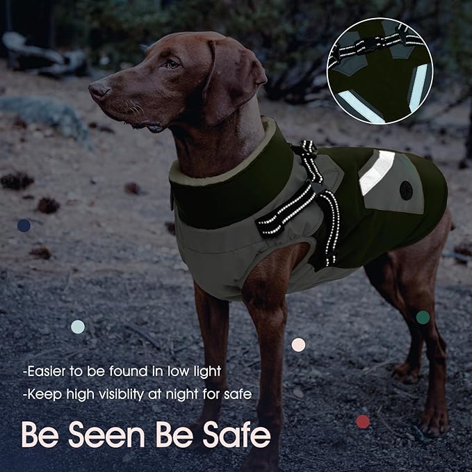 IECOii Dog Winter Coat Waterproof - Green, Medium - Dog Coat with Harness Built in for Medium Dogs, Thermal Warm Fleece Lined with Zip Up Cold Weather Jacket, Reflective Snowsuit for Outdoor Hiking