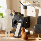 【SteadyCore】 PetDance All-in-1 Cat Tree Tower with Heavy Duty Board, Solid-Wood,Small Cat Tower with Multiple Fun:Interactive Track Ball Toy & Self-Grooming Brush for Indoor Cats,Dark Gray