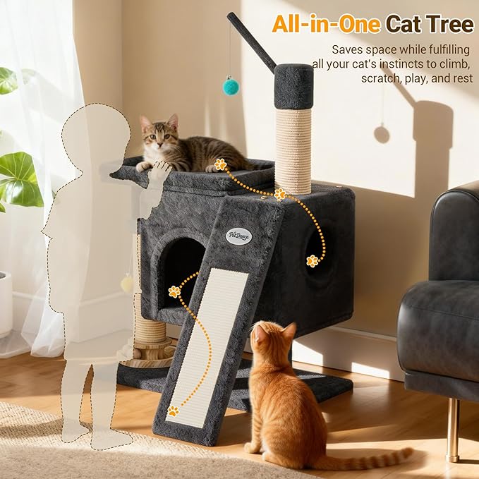 【SteadyCore】 PetDance All-in-1 Cat Tree Tower with Heavy Duty Board, Solid-Wood,Small Cat Tower with Multiple Fun:Interactive Track Ball Toy & Self-Grooming Brush for Indoor Cats,Dark Gray