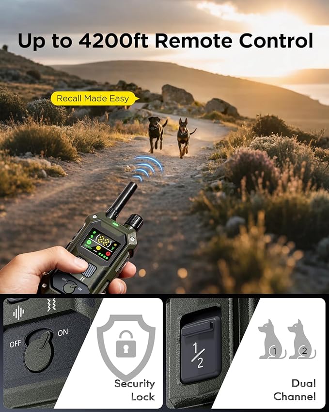 BLACKDOG Military Dog Shock Collar 2 Dogs (5-150lbs) - 4200ft Dog Training Collar with Remote, 4 Training Modes, Flashlight&Strobe, 90-Day Battery, IP67 Waterproof Dog E Collar for All Breeds (Green)