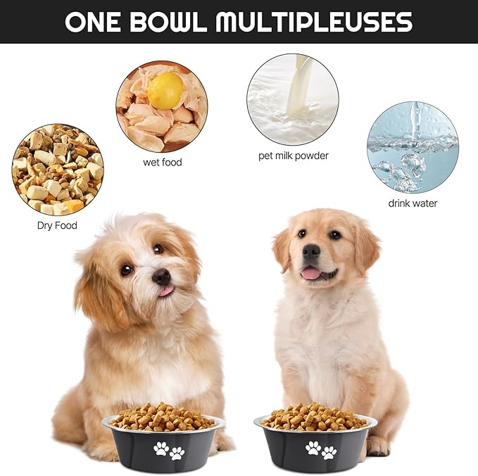 YUDANSI Dog Bowls 2 Pack Small Medium Dogs Feeding Food Water Bowl with Non-Slip Silicone Sole, Stainless Steel Dog Dishes Elevated Raised Pet Feeder (Black, XL(8.5 Cups)