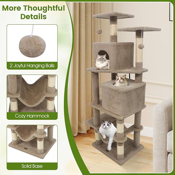 PETSITE 57-inch Modern Cat Tree, Multi-Level Cat Tower with 2 Comfy Condos, Sisal Scratching Posts, Plush Top Perch, Snug Hammock, and Dangling Balls, Ideal for Indoor Cats and Kittens (Coffee)