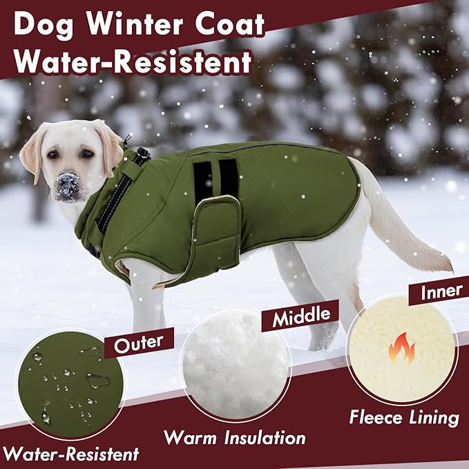 Large Dog Jacket, Waterproof Winter Coat with Harness Built in, Reflective Adjustable Hook&Loop Dog Snowsuit Cold Weather, Warm Snow Coat for Dogs French Bulldog, L Green