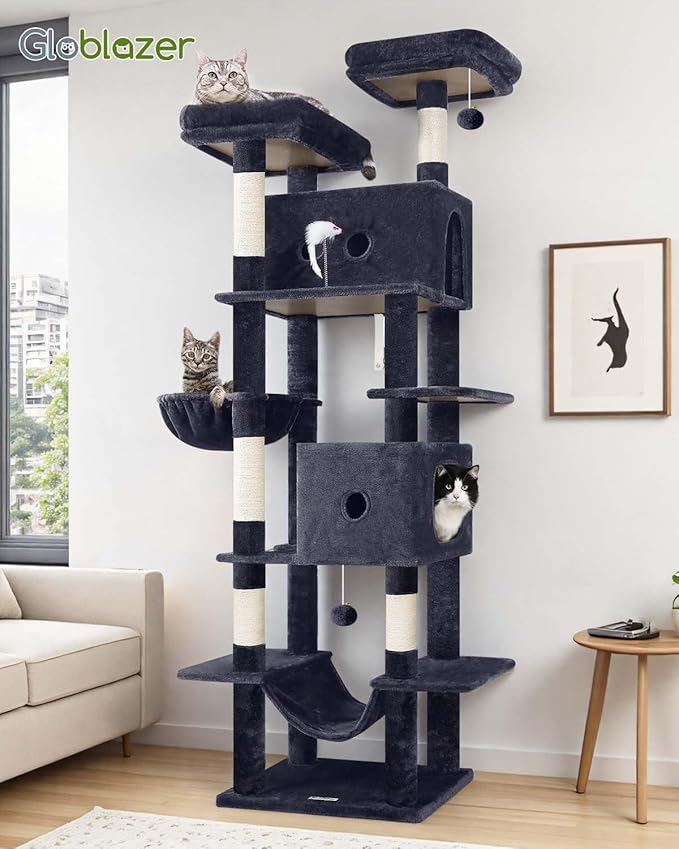 Globlazer Heavy Duty Cat Tree Tower 80in Tall Extra Large Cat Tree Tower for Multiple Indoor Cats Large Adult with Scratching Posts, 2 Spacious Condos, Padded Perches, Soft Hammock, S80B, Dark Grey