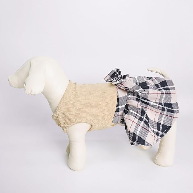 PUPTECK Classic Plaid Dog Dress Pet Apparel with Cute Bowtie Puppy Clothes Outfit,Cream,S