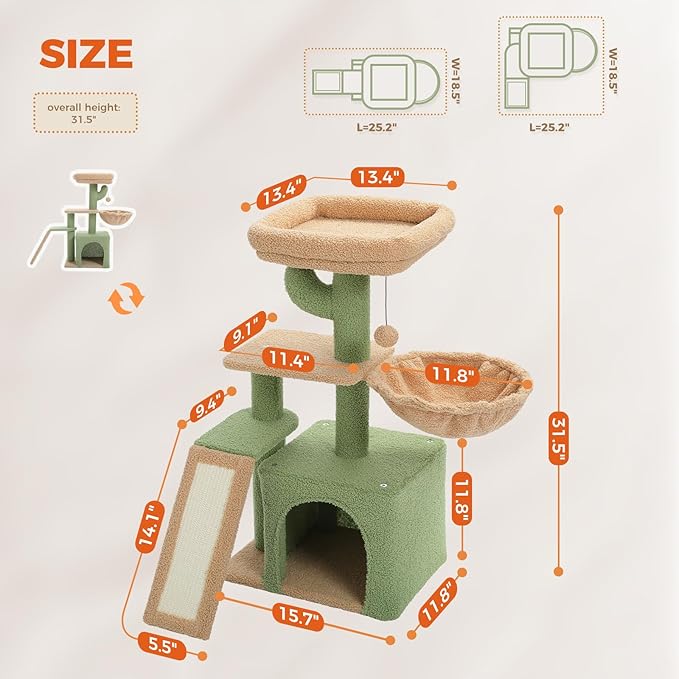PETEPELA Cactus Cat Tree for Indoor Cats, 32'' Small Cat Tower+Cat Beds for Indoor Cats with Removable Flower Cat Bed