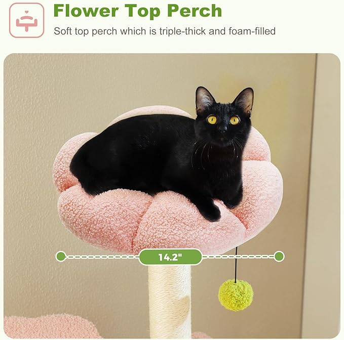62" Flower Cat Tree for Indoor Cats, Multi-Level Tall Cat Tower with 2 Spacious Condos, Scratching Pad, 4 Cat Scratching Posts, 2 Top Perches, 2 Pompoms, Pink