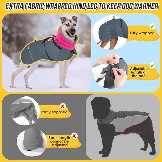 SlowTon Dog Winter Coat, Windproof 3 Layers Thick Warm Fleece Lining Dog Jacket for Cold Weather, Reflective Dogs Apparel with Leash Opening for Medium Large Dogs(Fuchsia,3XL)