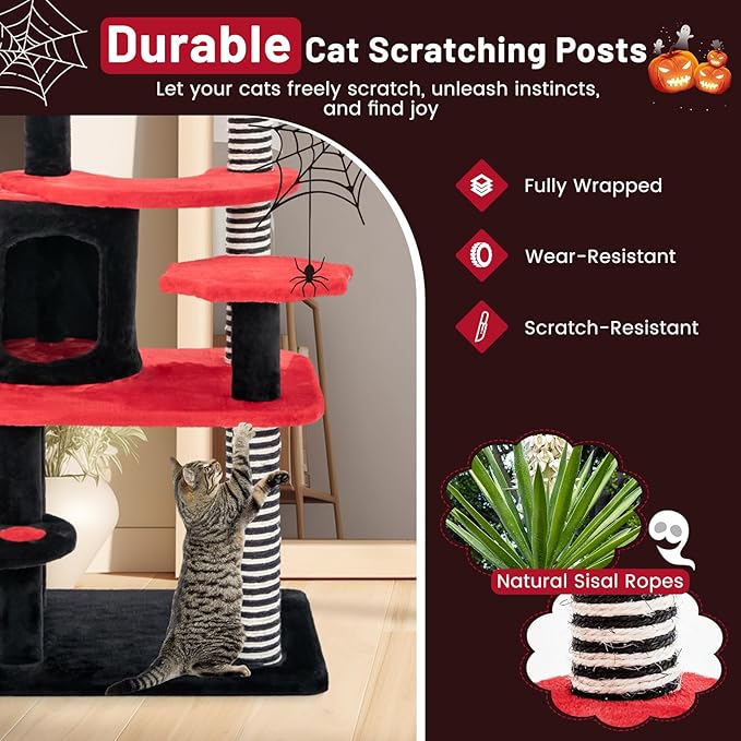 PETSITE Gothic Cat Tree - 52 Inch Tower with Sisal Scratching Post, Coffin Bed, Cat Condo, Ladder and Bat-Shaped Ball, 6-Tier Goth Cat Tree for Indoor Cats