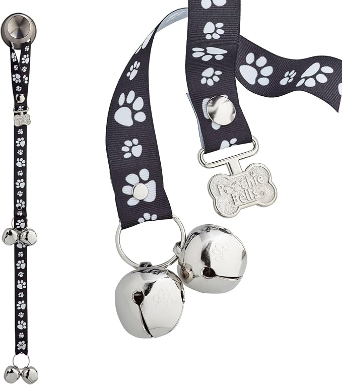 PoochieBells Dog Doorbell, Dog Potty Training Bells, Dog Safe USA-Made w/Perfect Sound,Dog Trainer Approved, Housetraining Made Easy & Quick, Sig Tracks Black