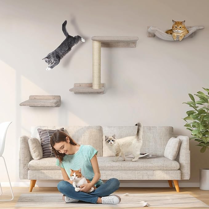 Cat Wall Shelves - 5 Pcs Wall-Mounted Cat Shelves for Wall, Including 2 Steps, 1 Perches, 1 Hammock, 1 Sisal Scratcher Post, DIY Playground for Large Cats