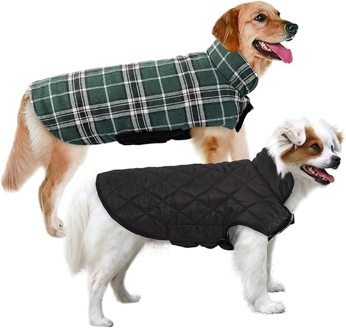 MIGOHI Reversible Dog Coats, Warm, Windproof & Waterproof Jackets for Cold Weather, British Plaid Warm Dog Vest, Green, 2XL