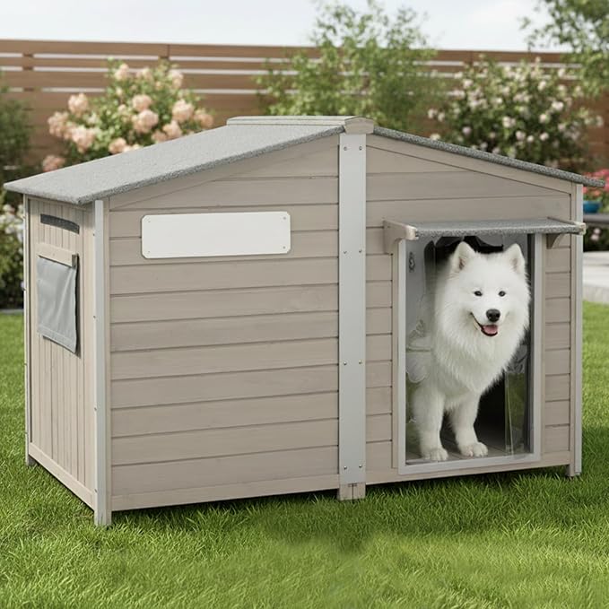 55''L Extra Large Dog House Outdoor Weatherproof, Wooden XL Dog Houses Kennel Breed with Waterproof Roof, Chew-Proof Iron Frame, Doghouse Pet Shelter Fits Small to Large Dogs