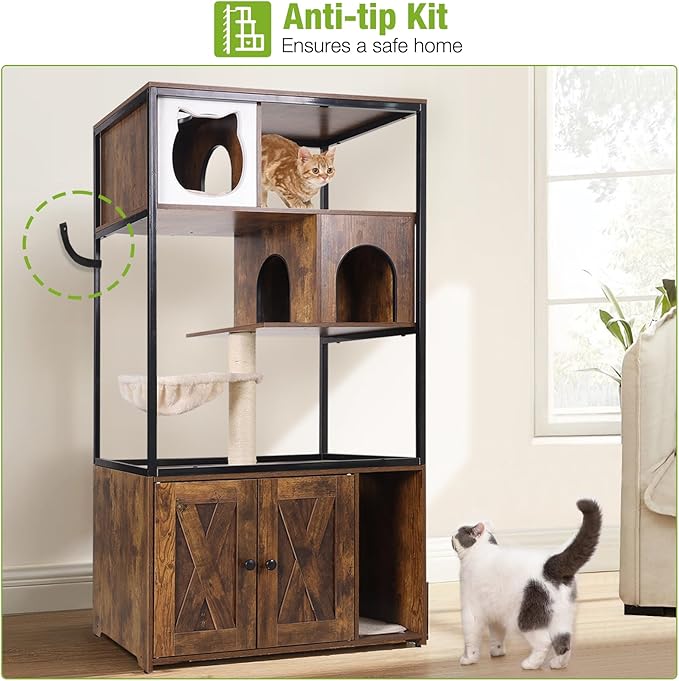 GUTINNEEN Cat Litter Box Enclosure Cat Tree with Hidden Litter Box Furniture with Scratching Post, Hammock, and Mat 57.5 Inch (Brown)