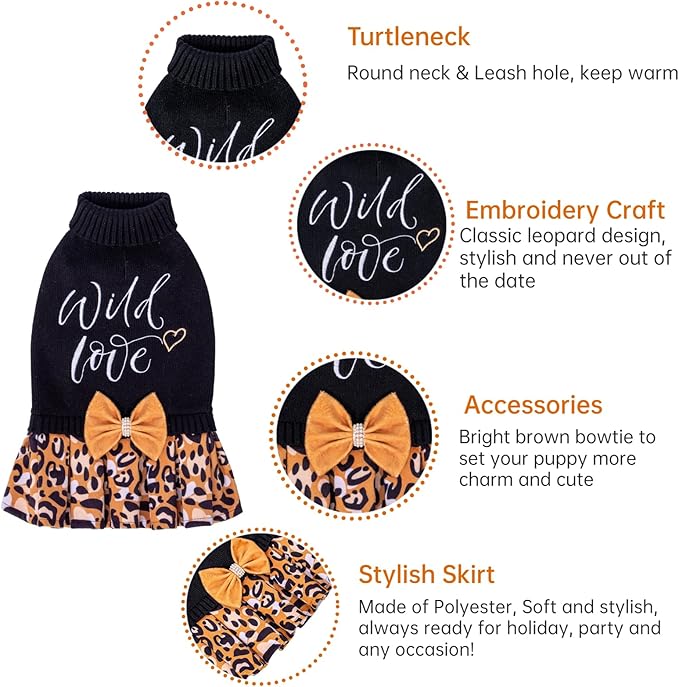 CuteBone Leopard Brown Dog Sweater Dress Wild Love Knit Turtleneck Puppy Sweater with Bowtie Harness Hole Pullover Winter Dress for Medium Dogs