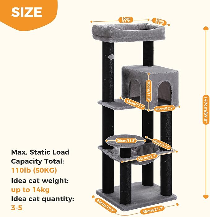 PEQULTI 57.9'' Cat Tree, Multi-Level Tower with Large Top Perch, Thick Scratching Posts and Hammock for Large Indoor Cats up to 20 lbs, Black