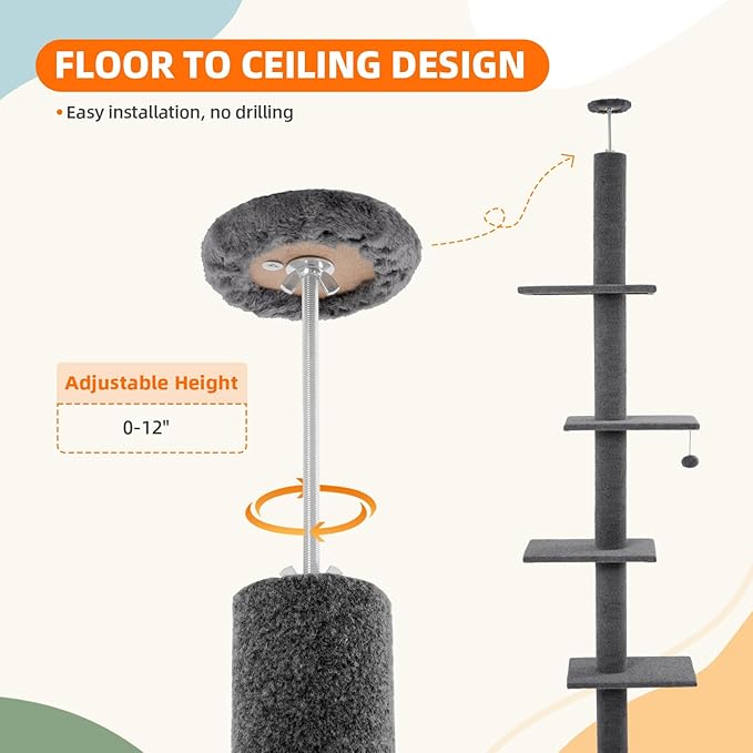 Cat Craft Cat Tree Floor to Ceiling 95-108" Tall Cat Tree Carpet Cat Tower Kitten Tree Sisal Scratching Post and Mat Cat Pole for Indoor Cats, Charcoal