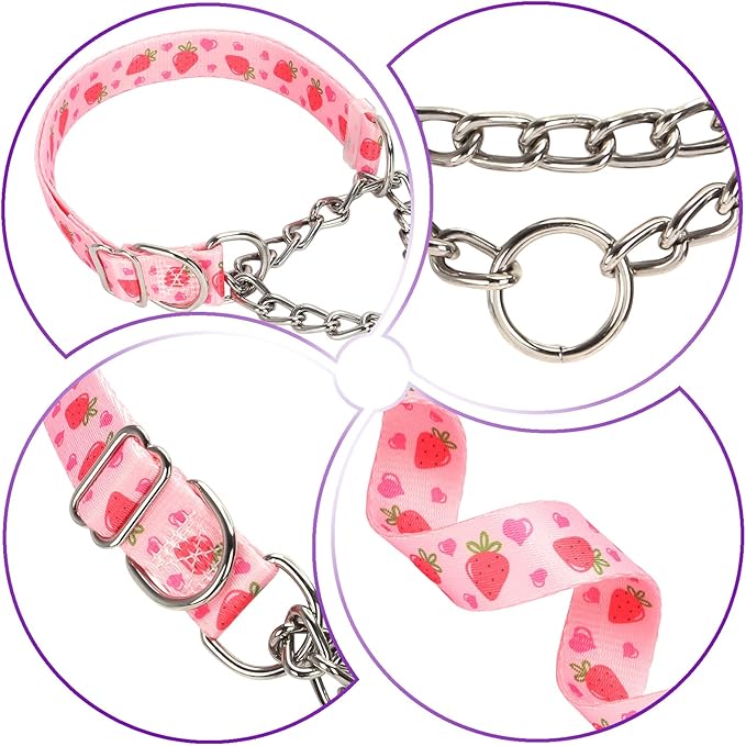 Martingale Dog Collar with Chain, No Pull Slip Cinch Choker Choke Collar Pink Strawberry Duty Dog Collar for Medium Large Extra Large Pet Dogs,Strawberry XL
