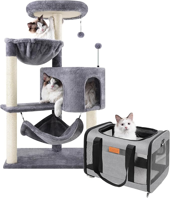 YUNIQUE Cat Tree with Cat Condo and Big Hammock, Grey with Soft-Sided Cat & Dog Carrier
