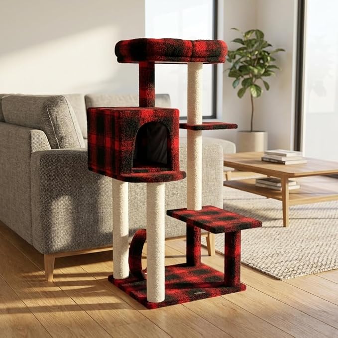 Multi-Level Cat Tree with Condo and Scratching Posts, Red Buffalo Plaid, 50 Inch Height, Sisal Rope Posts, Activity Center with Tunnel and Perches