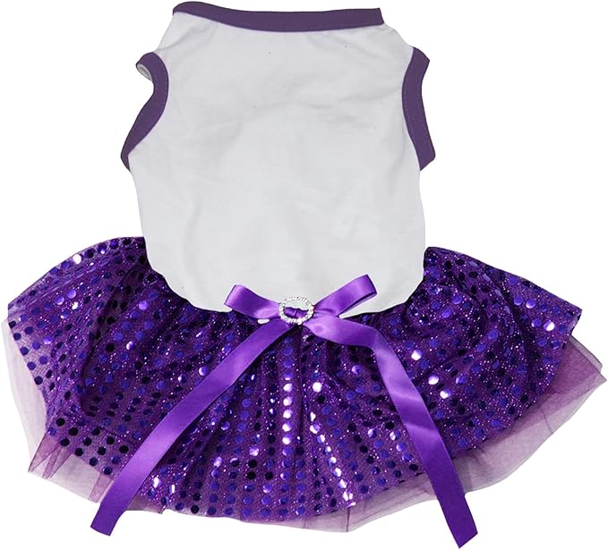 Petitebella Plain Sequins Tutu Puppy Dog Dress (White/Purple, X-Small)