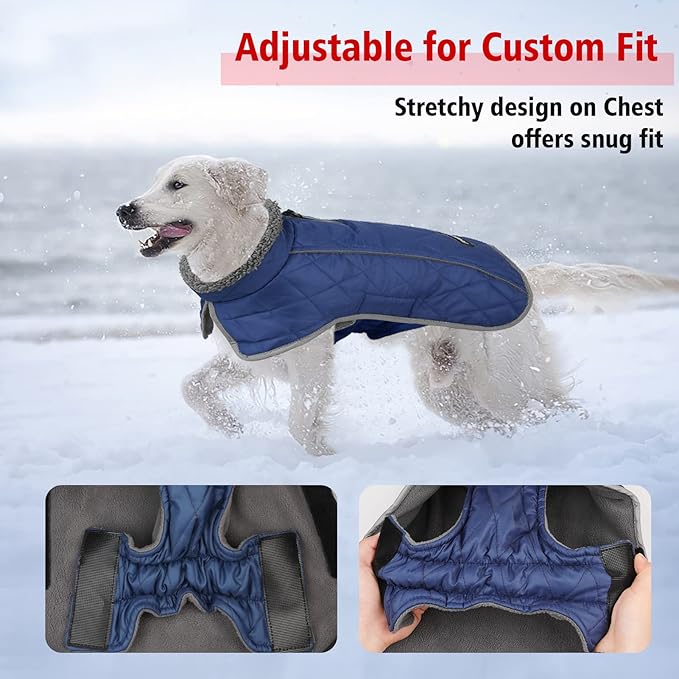 Fragralley Dog Coat Large, Waterproof Dog Jacket with Warm Fleece Lining, Adjustable Reflective Dogs Winter Coat, Turtleneck Pet Coats for Cold Weather (Blue L)