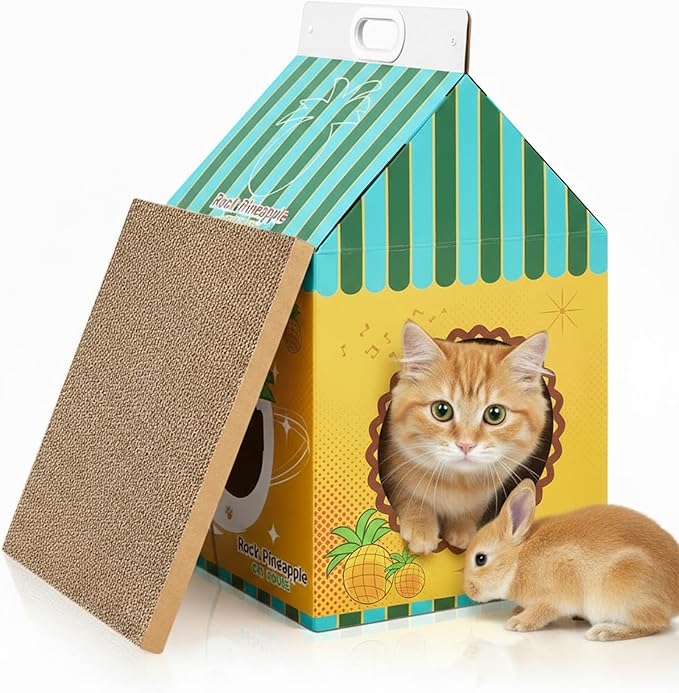 22.7'' x 13'' x 12.6'' Cardboard Bunny Hideout with Scratcher, Cardboard Cat House, Milk Carton Pineapple Room, Playhouse for Small Animals