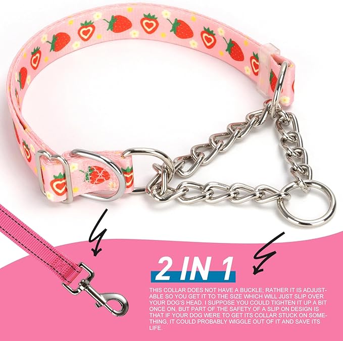 Pink Strawberry Martingale Dog Collar with Chain - No-Pull Training Collar Soft & Durable Design for Medium, Large & XL Dogs (L Strawberry)