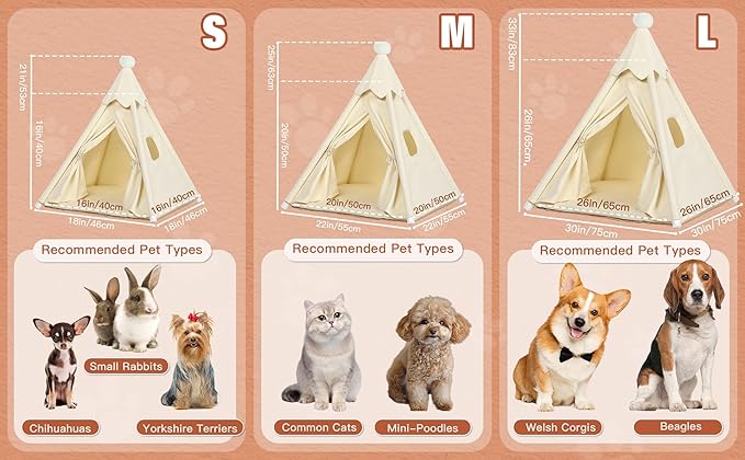 Large Cat & Small Dog Teepee Tent House (Int 26x26x26in/Ext 30x30x33in) for Ragdoll Cat, Mini Schnauzer, Welsh Corgi, Small French Bulldog, Cotton Canvas & Stable Frame