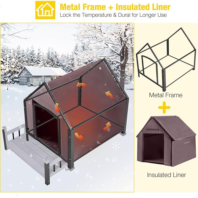 Dog House with Insulated Liner, Waterproof Dog Kennel for Small to Medium Size Dogs, Outdoor Doghouse 100% Insulated Puppy Shelter with Elevated Floor for Winter (Grey, Medium)