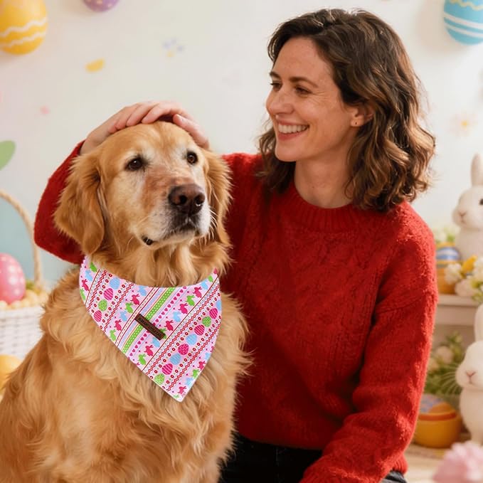 Elegant little tail Easter Dog Bandana, Bunny with Flower 1PC Washable Dog Scarf Female or Male Square Bib Kerchief Scarf Adjustable Pet Bandana for Medium Large Dogs