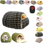 Removable and Washable Winter Closed-Off Cat Bed, Cutypet Winter Cave, Warm Foldable Secure Pet Nest for Indoor Cats & Small Dogs, Comfor Plush Snuggle Hut for Kitty, Puppy, Pets (Linen-Black 2,L)
